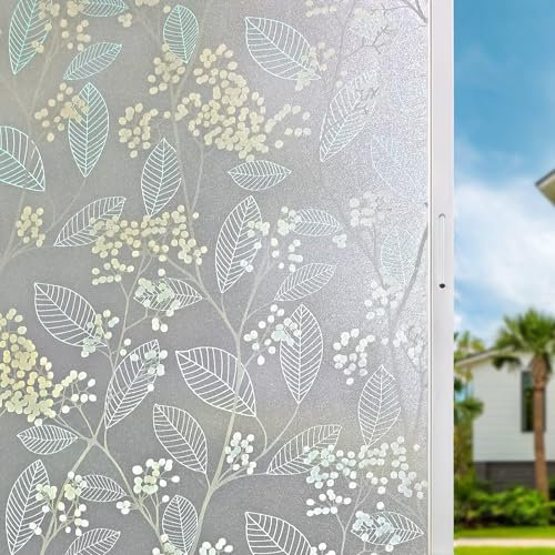 Qualsen Pellicola per Vetri Finestre 30x200cm, Motivo a Foglie e Fiori Pellicola Adesiva per Vetri Opaca Decorativa Elettrostatica Autoadesive Anti-UV Pellicola Privacy Finestre per Casa Ufficio
