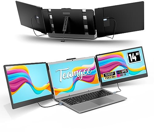 Teamgee Monitor Portatile per Laptop, Portable Monitor Schermo Doppio FHD 1080P IPS da 14 con Doppi Altoparlanti, Display HDMI/USB-A/Type-C Plug and Play da 13 a 17 (Mac, Wins, Android, Dex)