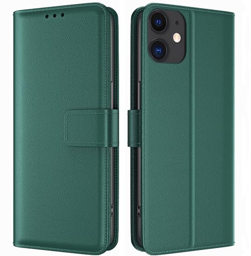 TQIAHF Mobiltelefonfodral för iPhone 11, vikbart skyddsfodral med kortfack, helkroppsskydd, mobiltelefonfodral i läder för iPhone 11, mobiltelefonfodral för iPhone 11, mörkgrön