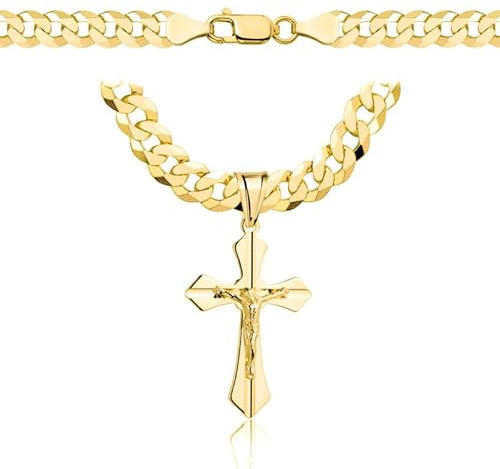 AMAR PRAGNA Goldkette Herren 585 - Massiv Goldkette mit Kreuz - 70 cm - 6,5 mm Panzerung