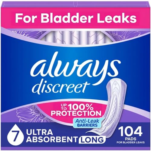 Always Discreet Adult Incontinence Pads for Women, Drier, 7 Drop Long Length, Ultra Absorbency, Pads for Bladder Control Management, Bladder Leaks, Overnight & Postpartum Pads, 104ct