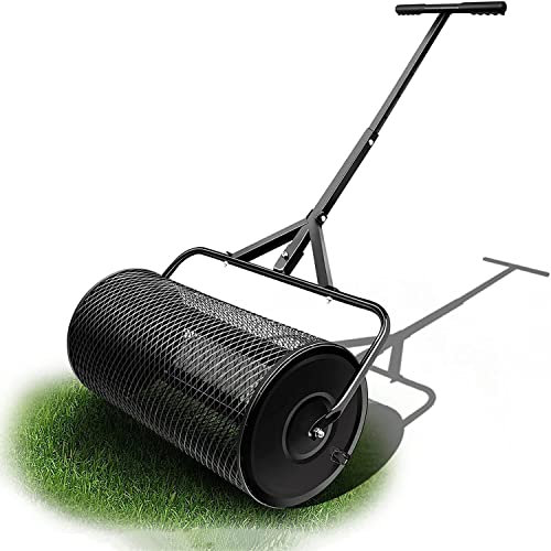 OSBELE Esparcidor de estiércol de 27 x 12,5 Pulgadas, esparcidor de abono, Rodillo de turba para césped y jardín con Cierres Laterales, Cesta de Malla de Acero con Recubrimiento en Polvo para espar