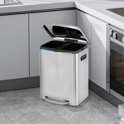 Panana 40L Dual Trash Can Kitchen Waste Rubbish Garbage, Dual Step Garbage Can & Recycle Bin with 2 Removable Inner Buckets (Silver, 40L)