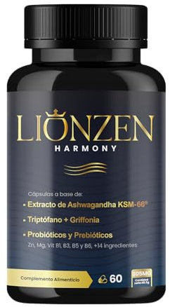 Ashwagandha KSM-66® 600mg | +14 ingredientes antiestrés, Cortisol | Bienestar, Descanso | Alta potencia | Magnesio, Griffonia, L-Triptófano, Vitaminas, Zinc, Té verde, Probióticos | LIONZEN HARMONY