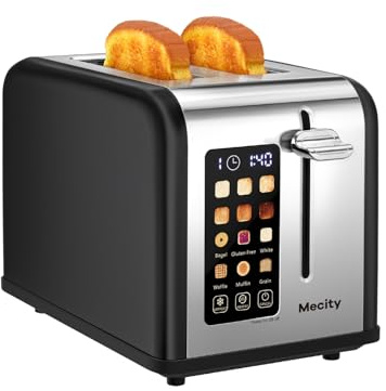 Mecity 2 Slice Touch Screen Toaster, 1.5 Wide Slot, Stainless Steel Smart Toaster for Bagels, Muffins, Waffles, Gluten-Free Breads, Defrost, Reheat, Timer, 120V 825W, Matt Black
