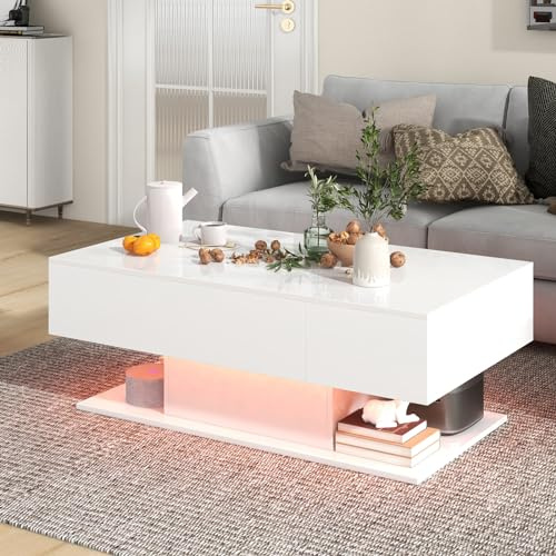 COSTWAY Table Basse Blanche Laquée, Table de Basse avec Tiroirs, 20 Lumières, 22 Modes Dynamiques, Télécommande, Compartiment Caché, Base Épaissie, Finition Brillante (Blanc)