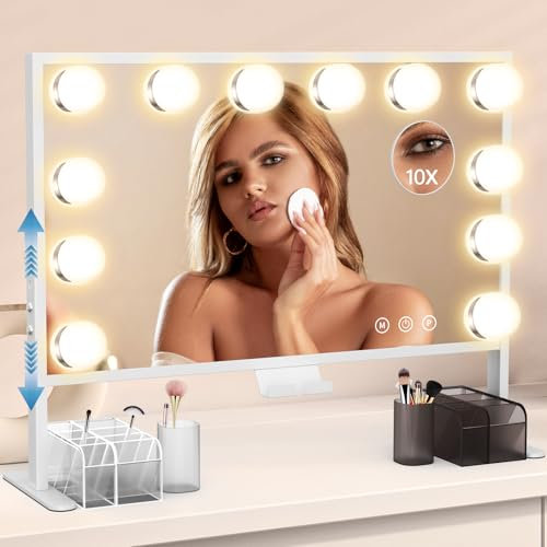 BESTOPE PRO Espejo Maquillaje Hollywood Ajustable 60x35cm, Soporte Móvil, 12 LED Regulables Táctil, 3 Modos Color, Espejo Mesa/Pared, Aumento 10X, Blanco