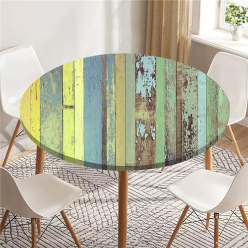 Highdi 3D Elastische Tischdecke Rund Abwaschbar, Spanntischdecke Rund Gartentischdecke Outdoor Round Tischdecke mit Gummizug für Esszimmer, Küche und Picknick (80cm,einfaches Holz 8)