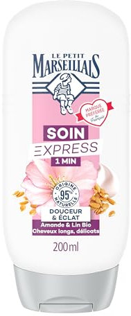 Le Petit Marseillais | Soin Express 1 Min Douceur & Éclat Amande & Lin Bio (flacon de 200 ml) – Après-shampooing pour cheveux longs et délicats – 95% d'ingrédients d'origine naturelle