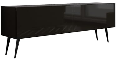 3E 3xE living.com TV-Schrank: Zwei Türen, Zwei Regale, Farbe Mattschwarz/Glanzschwarz, Schwarze Beine, A: B: 140 cm, H: 52 cm, T: 32 cm,