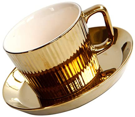 PHENOFICE Tasse à Café En Céramique Avec Soucoupe Dorée, Design Européen, Capacité Moyenne, Matériau Céramique Blanc, Usage Maison Et Restaurant, Ensemble