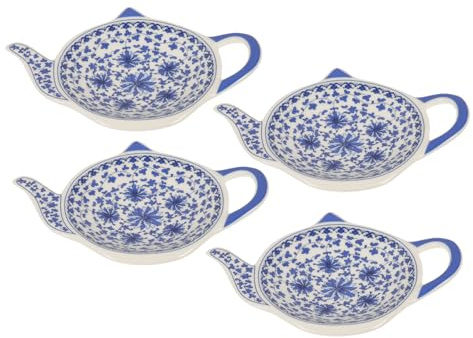 Amosfun Lot De 4 Dessous De Verre pour Sachets De Thé en Céramique Forme Théière, Bleu Floral, Plateau à Assaisonnement Ménager, Accessoires pour Café Et Snacks