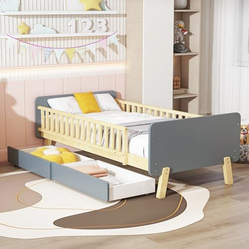 NNJN Kinderbett mit 2 Schubladen, Einzelbett aus Massivholz mit Lattenrost(90x190cm (Grau)
