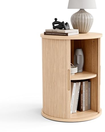 LINSY HOME Round Fluted End Table, Tall Side Table with Sliding Tambour Door and Storage Shelf, Modern Bedside Table, Mid-Century Nightstand for Living Room, Bedroom, Oak