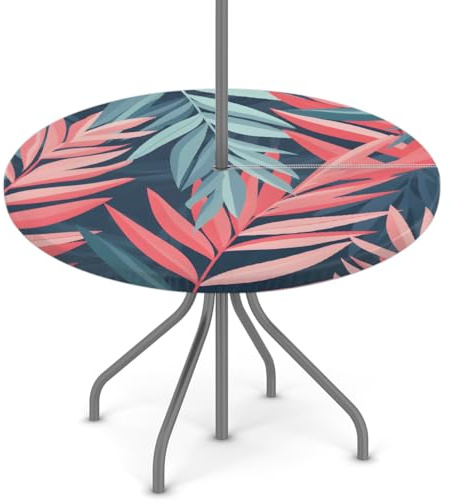 Mexpekil Nappe ronde imperméable à motif feuilles de palmier rouges avec trou pour parasol et fermeture éclair, pour pique-nique, jardin, extérieur, 91,4 à 111,8 cm