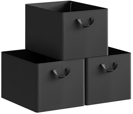 WOLTU Folding Storage Baskets Set of 3, Wardrobe Storage Organisers with Handles, Fabric Cubes for Clothes and Toys, 50L, Black, 47 x 35 x 30 cm, ABB11sz-3-UK