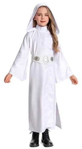 Principessa Bambini Vestito Lungo Leia Cosplay Costume con Cintura Bianco Mantello Set Halloween