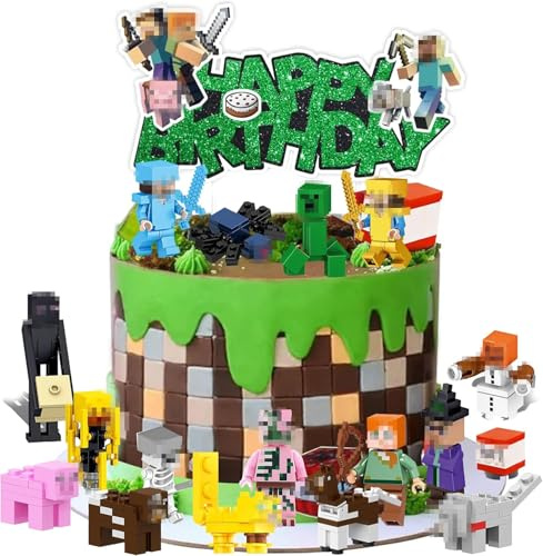 18 Stück Pixe Figuren Tortendeko,Pixel Tortendeko Jungen,Mini Figurines Cake Toppers,Cartoon Mini Tortenfiguren,Happy Birthday Topper für Jungen Geburtstag Party Kuchen Dekoration Supplies
