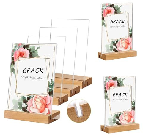 Taicols 6 pezzi Espositori da tavolo A6, in acrilico, doppio slot per carte di credito, supporto da tavolo con base in legno, cartellini dei prezzi, supporto per display verticale, per ristoranti