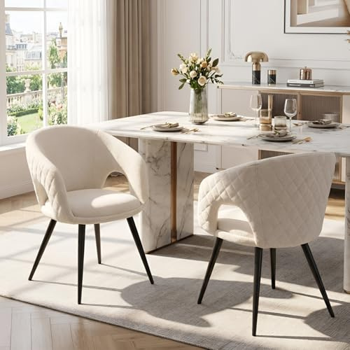 Ya-Home Matstolar set med 2 eleganta chenille mjuka vadderade loungestolar med diamantnät design för matsal/vardagsrum, beige