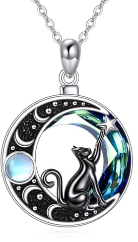 JERWLI Katzen-Halskette mit Mond 925er Sterlingsilber Katzen-Kristall-Halskette Mondstein-Schmuck Weihnachts- und Valentinstagsgeschenke für Frauen