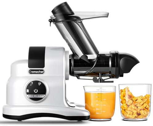 AMZCHEF Licuadora prensado en frío- Extractor de zumo y verduras con motor silencioso 150W - 80MM Exprimidor grande Slow Juicer Machine - 2 Velocidades & Función Reversa - libre de BPA - Blanco