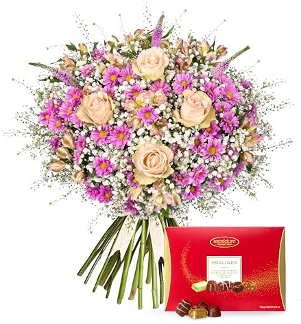 Soleil Rose – Arrangement de fleurs fraîches livré en main – Cadeau élégant avec livraison le lendemain – Idéal pour anniversaire, condoléances, célébrations (+ chocolats)