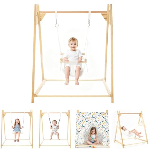Yrthe Voitom Kinderschaukel Indoor Holz mit Gestell, 5 in 1 Tipi Zelt für Kinder, Hängeschaukel, Kinderhängematte Schaukelsitz Schaukelbrett Brettschaukel für Kinder zum Schaukeln (Cremeweiß)