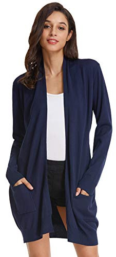 GRACE KARIN Cárdigan abierto de manga larga para mujer, abrigo de punto, informal, alto elástico, con bolsillos, azul marino, L
