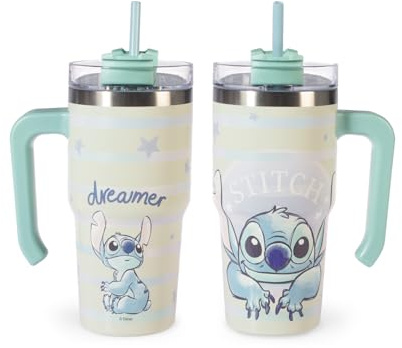 H&H Tasse isotherme avec paille Stitch Dreamer - Gobelet isotherme 0,6 l, acier inoxydable, isolation thermique à double paroi, réutilisable, anti-fuite, idéal pour l'école, le bureau, le sport et les
