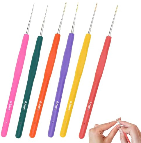 Spitze Häkelnadel Set, 6 Stück Kleine Spitze Häkelnadeln 0.5 mm bis 1.0 mm, Häkelnadelnmit Weicher Griff Häkelnadel Stricknadel Ultrafeine Häkelnadelset für Spitzen Dünnes Garn