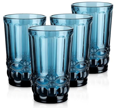 Joeyan 330ml Blau Wassergläser, Set von 4 Vintage Trinkgläser mit Geprägtem, Farbiger Trinkgeschirr für Alltag, Bunte Gläser für Weihnachtsfeiern, Hochzeiten, Bankette,Familienessen,Spülmaschinenfest
