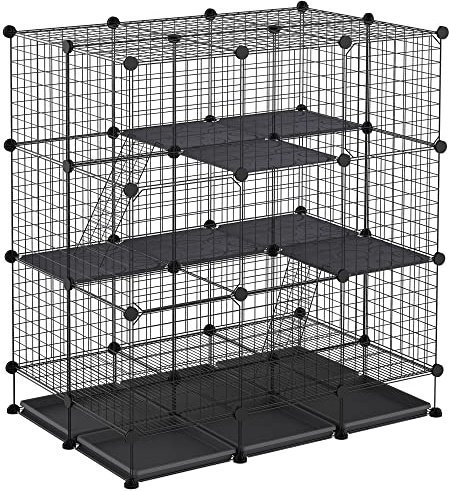 PawHut Valla Metálica para Pequeños Animales Montaje DIY Jaula de Mascotas Pequeñas de 3 Niveles Parque Metálica Extraíble 111x75x119 cm Negro