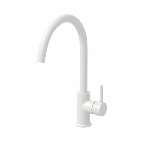 Lussena® Vezio Kitchen Sink Mixer Tap Single Lever Handle Swan Neck Swivel Spout Brass Body for Sinks Taps Faucet Modern Round, Matt White