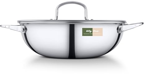 WG inc Stainless Steel Wok with Lid, 22 CM, 2 litres Triply Kadhai | Non Stick Tri-ply Deep Stir Fry Pan with Transparent Lid, Premium Induction Compatible Cookware with Handles
