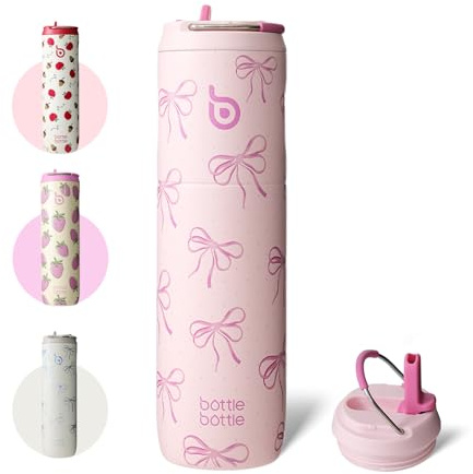BOTTLE BOTTLE Isolerad vattenflaska i rostfritt stål, 750 ml med sugrör, lock och handtag – läckagesäker, BPA-fri, dubbelväggig – perfekt vattenflaska för sport, resor och fitness (rosa rosett)