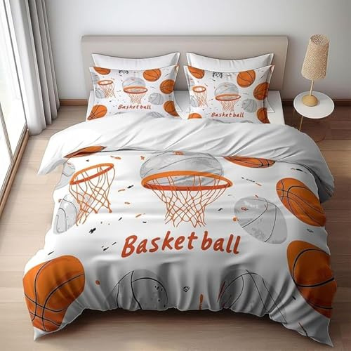 Funda Nordica Cama 90 Baloncesto 3D Ropa de Cama de Microfibra Hipoalergénica Naranja Funda de Edredón 135x200 cm y 2 Fundas de Almohada 50x75cm, T272