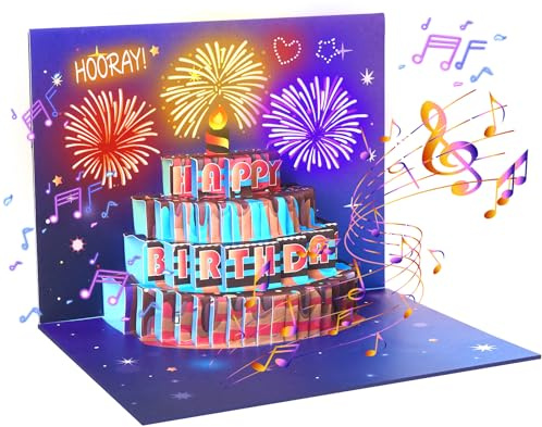 Cardaros Happy Birthday Geburtstagskarte,Pop Up Kuchen Geburtstagskarten mit Musik und Licht 3D Feuerwerk Karte Geburtstag Geschenke für Frau Männer Freundin, Lila