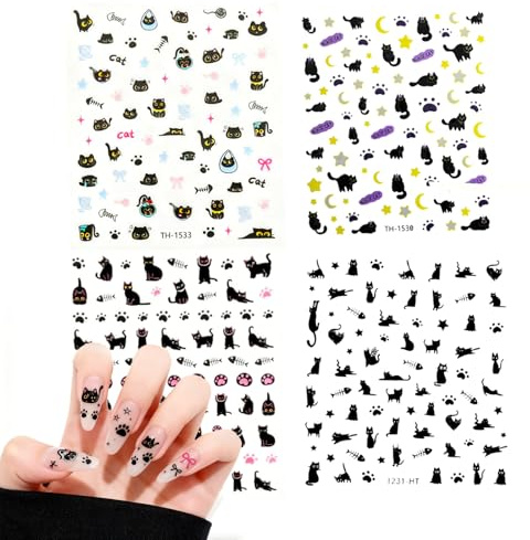 Lot de 4 Autocollants Auto-Adhésifs pour Ongles, Motifs Chats Mignons, Stickers pour Enfants, Designs Variés Noir et Blanc