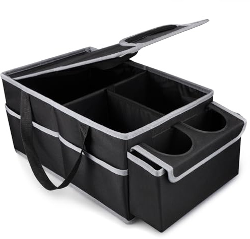 ABIDINA Car Seat Organiser, Foldable Car Storage Organiser with Lid and Handle for Front or Back Seat, Automotive Interior Accessories with Pockets Cup Holders Dividers for Toys, Snacks, Books (Black)
