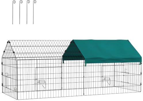 PawHut Freilaufgehege für den Außenbereich, 185 x 75 x 75 cm, Stahlstruktur mit 4 verschließbaren Türen und Schutz vor Sonnenblende, Dach, geeignet für Meerschweinchen, Schildkröten, Hühner, Nagetiere | Freilaufgehege, Wasserabweisend Dach, Hühnergehege für Kaninchen, Hühner, Chinchillas