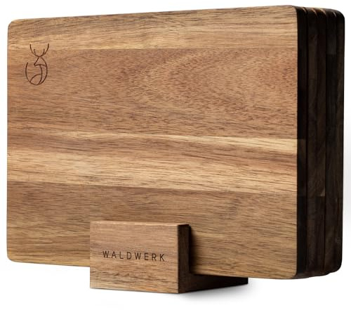 WALDWERK Frühstücksbrettchen 5er Set (23 x 16 x 1 cm) aus massiver Akazie - Frühstücksbrettchen Holz mit Ständer - 5 Schneidebretter aus Holz - Brettchen perfekt für Frühstück (5 Bretter)