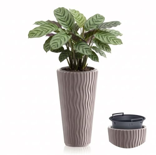 GEEZY Tall Slim Wavy Plant Pot with Insert, 53.1 x 29.7 cm - Weather Resistant Mocha Brown Indoor & Outdoor Planter - Modern Flower Pots for Home, Garden & Patio