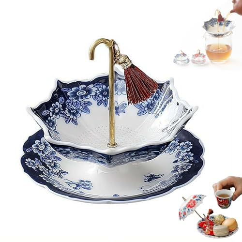 Umbrella Shape Ceramic Tea Strainer, Chinese Blue & White Porcelain Loose Leaf Filter with Rotating Design, 2026 New Creativie Tea Infuser, Multi-Purpose Teas Infuser for Coffee, Brewing