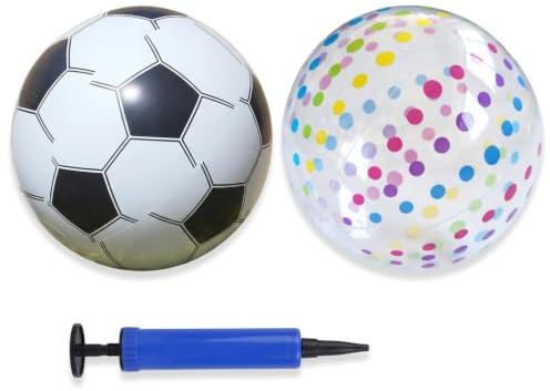 OIXEYA Ballon de Plage Gonflable 40cm (Football + Multicolore) + Pompe 17cm - Jeux Piscine Adulte avec Housse de Transport & kit réparation, Parfait pour Plage & détente