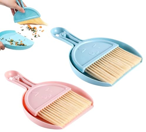HXLPOWER Juego de Mini Escoba y Recogedor 2 en 1, Cepillo de Nylon para Mesa, Teclado y Superficies Pequeñas, Oficina, Hogar y Escuela, Colores Nordicos Azul y Rosa