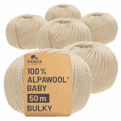 HANSA-FARM | 100% Baby Alpakawolle in 50+ Farben (kratzfrei) - 300g Set (6 x 50g) - weiche Alpaka Wolle zum Stricken & Häkeln in 6 Garnstärken by Hansa-Farm - Beige (Hell-Braun)