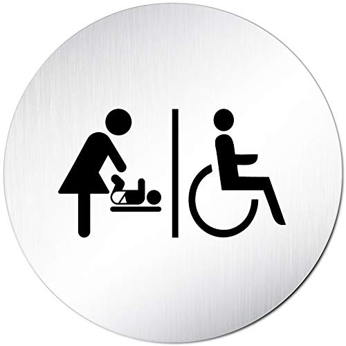 Kinekt3d Leitsysteme XXL Türschild • Ø 100 mm rund • Toilettenschild Wickelraum/behindertengerechte Toilette • aus Aluminium Vollmaterial • geschliffene Edelstahloptik • 100% Made in Germany