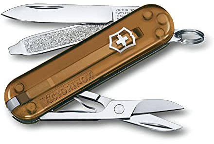 Victorinox, Classic SD, Coltellino Svizzero, Originale, Multiuso, Campeggio, 7 Funzioni, Lama, piccola, Lima per unghie, Marrone Trasparente
