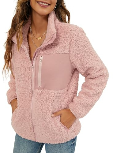 VVK Women 2024 Winter Coat Faux Fur Fleece Jacket Long Sleeve Lapel Zip Up Pockets Shaggy Warm Outerwear (Pink, XL)